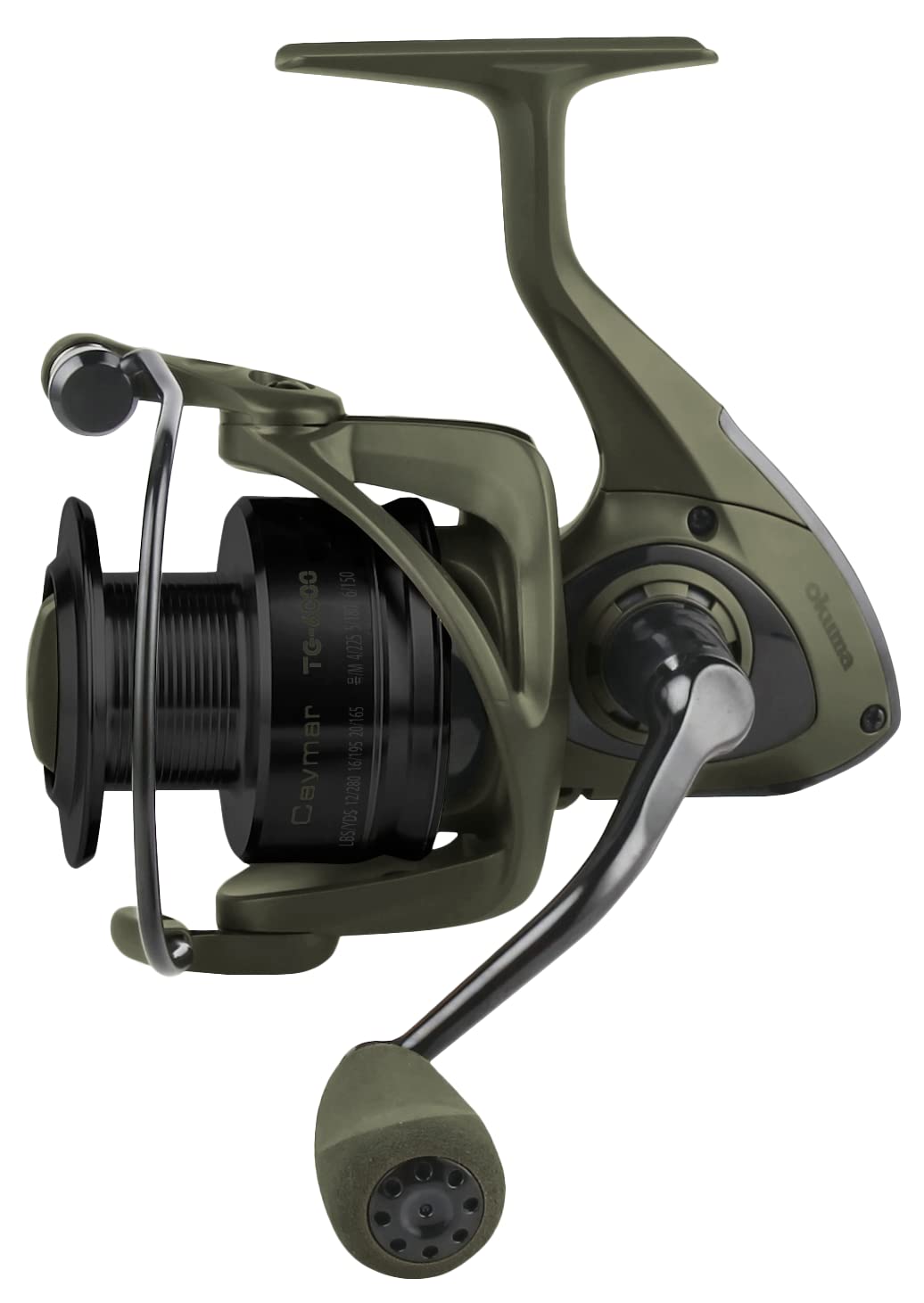 OKUMA TG-500 Ceymar tactical green reel close-up showing smooth drag for saltwater fishing