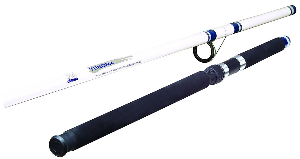 Okuma Tundra Surf Rod in white/blue, ideal for saltwater fishing and sensitive tip action