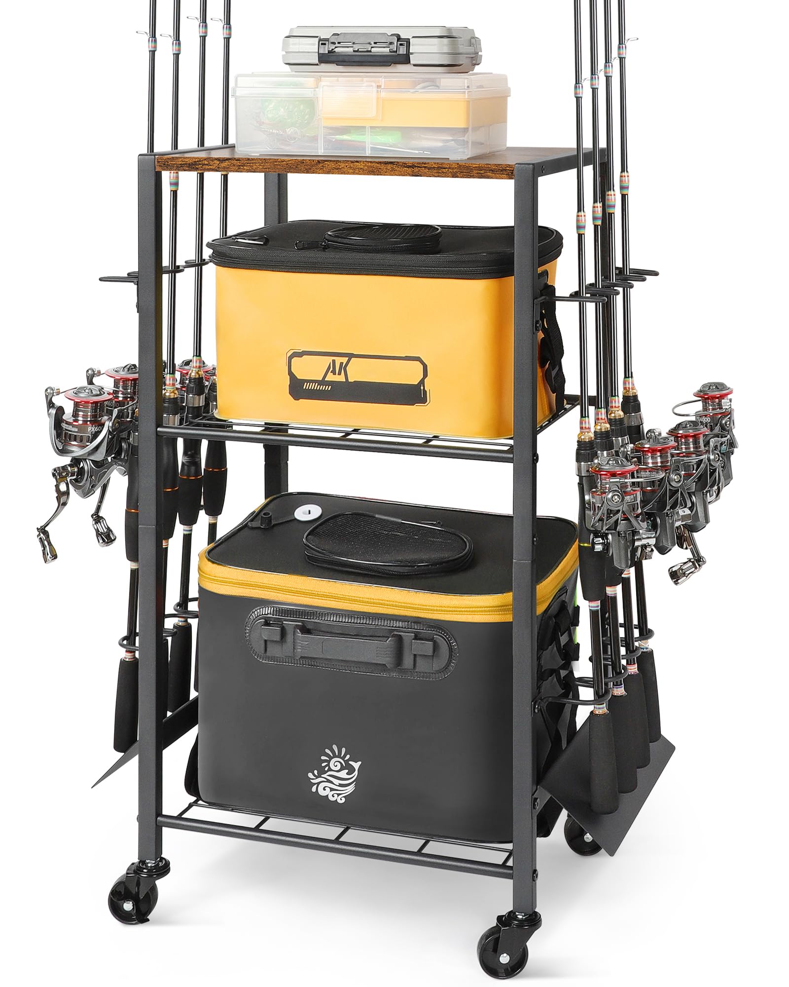 Olakee 8-rod fishing rod holder rack with wheels in a garage