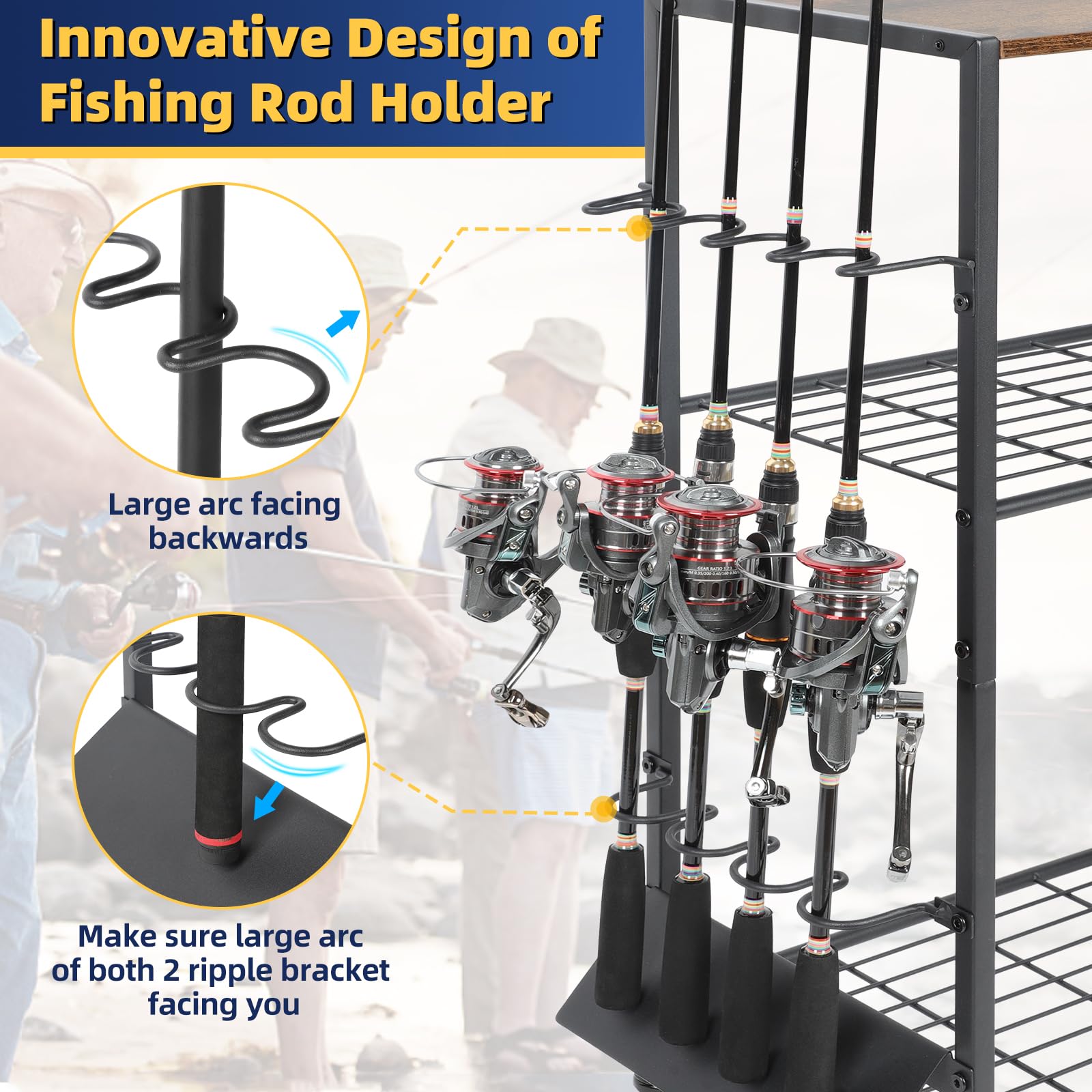 Heavy-duty steel fishing rod organizer with black powder coat finish