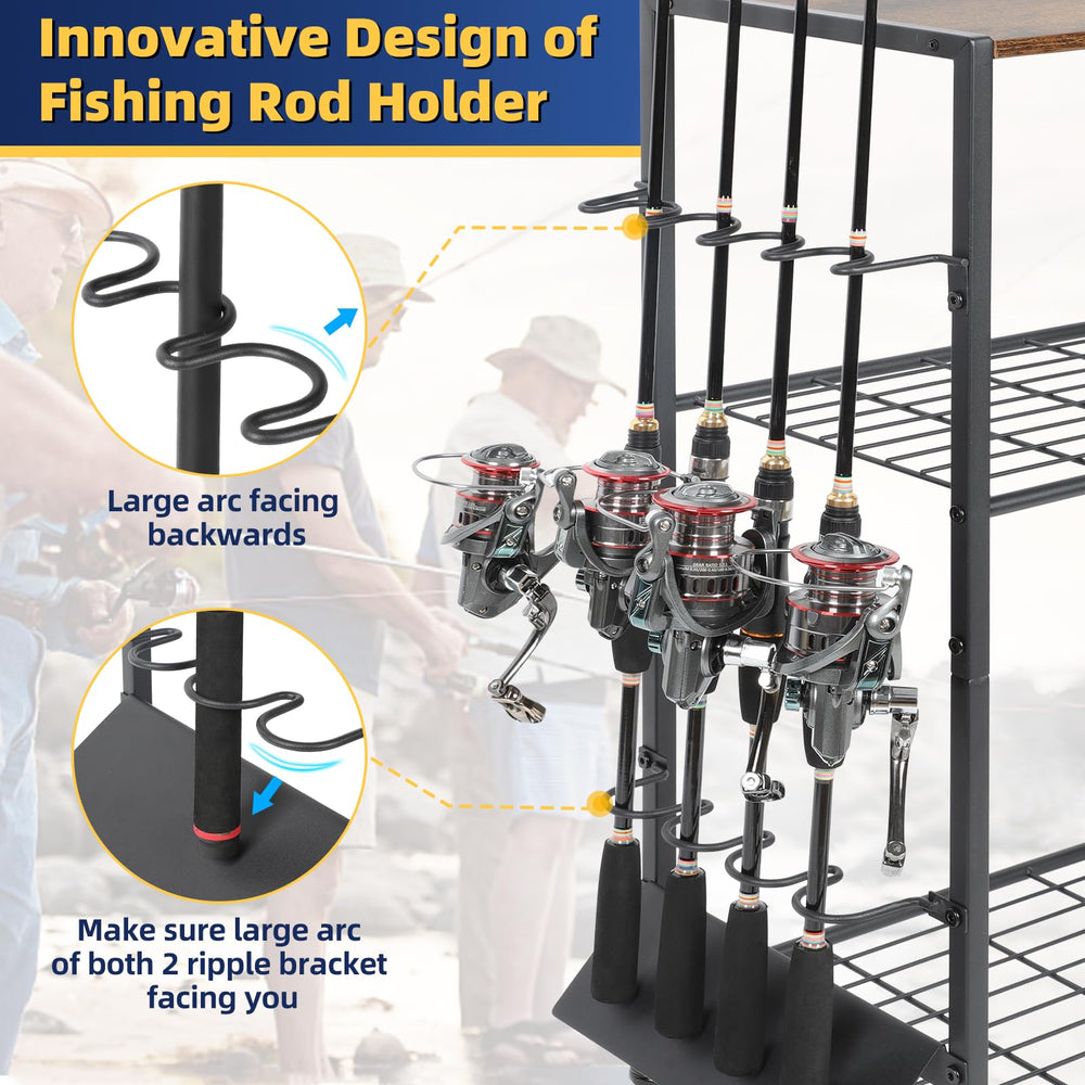 Heavy-duty steel fishing rod organizer with black powder coat finish