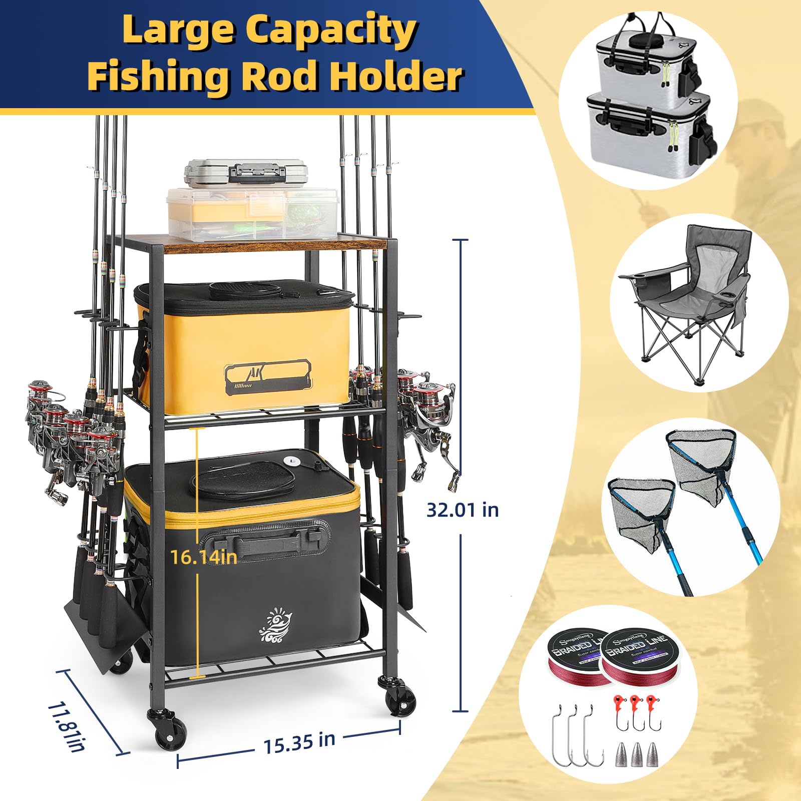 Secure storage for rods, nets, and accessories in a neat rack