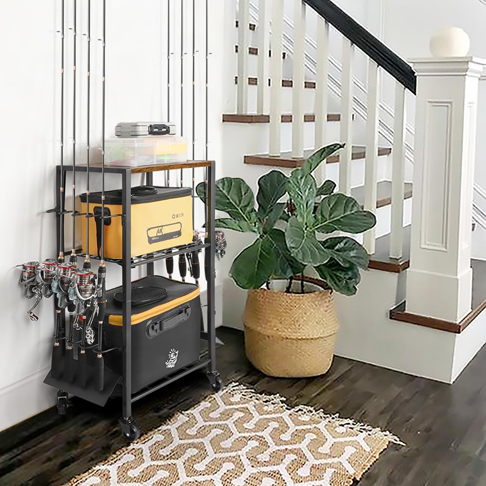 Olakee fishing rod storage shown in a home entryway corner