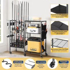 Stores up to 12 fishing rods in a black powder coated steel rack