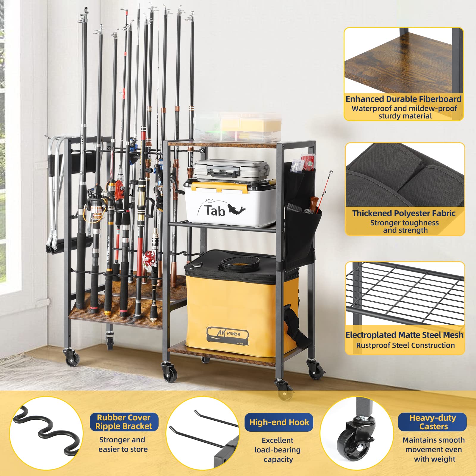 Mobile fishing rod storage cart with wheels