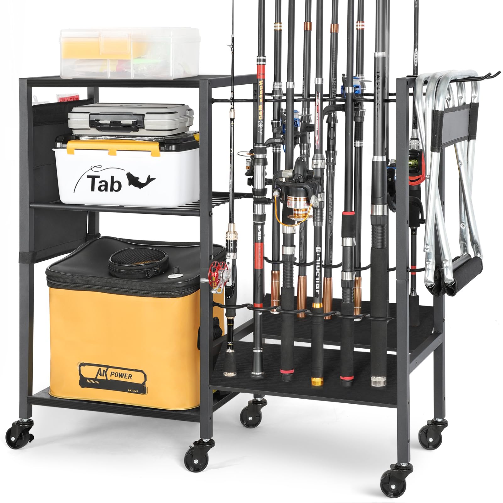 Olakee rolling tackle cart side view shows twelve-pole garage storage.