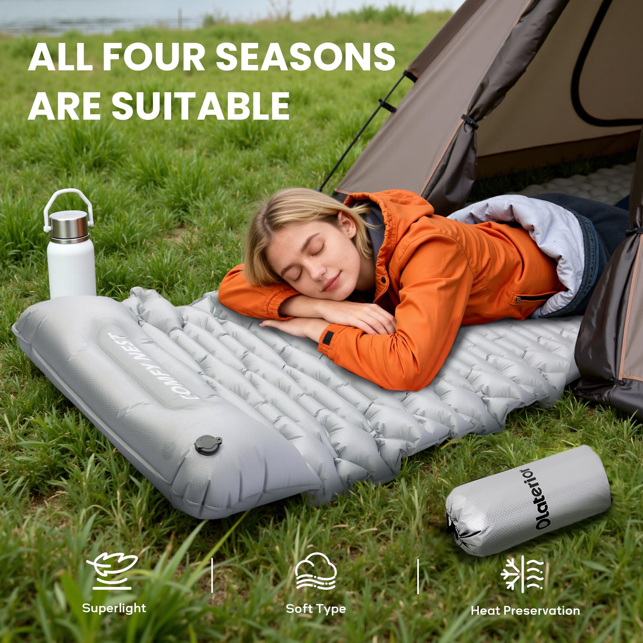 Olaterior camping pad highlights built-in foot pump for quick, hands-free inflation.