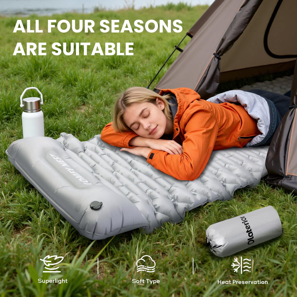 Olaterior camping pad highlights built-in foot pump for quick, hands-free inflation.
