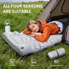 Olaterior camping pad highlights built-in foot pump for quick, hands-free inflation.