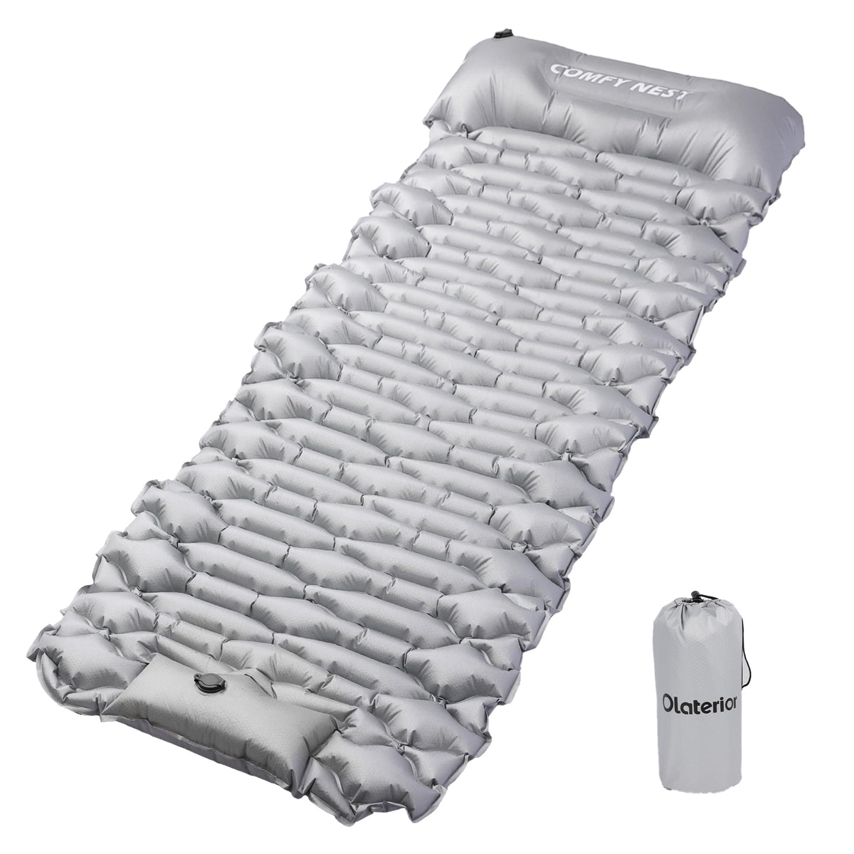 Olaterior camping sleeping pad inflated with pillow provides all-night back support on uneven ground.