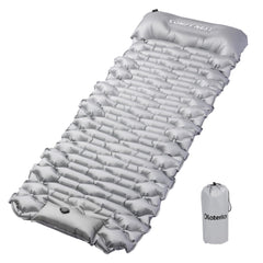 Olaterior camping sleeping pad inflated with pillow provides all-night back support on uneven ground.