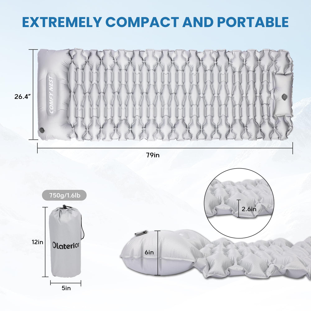 Olaterior sleeping pad laid flat to show wide 3-inch thickness for side sleeping comfort.