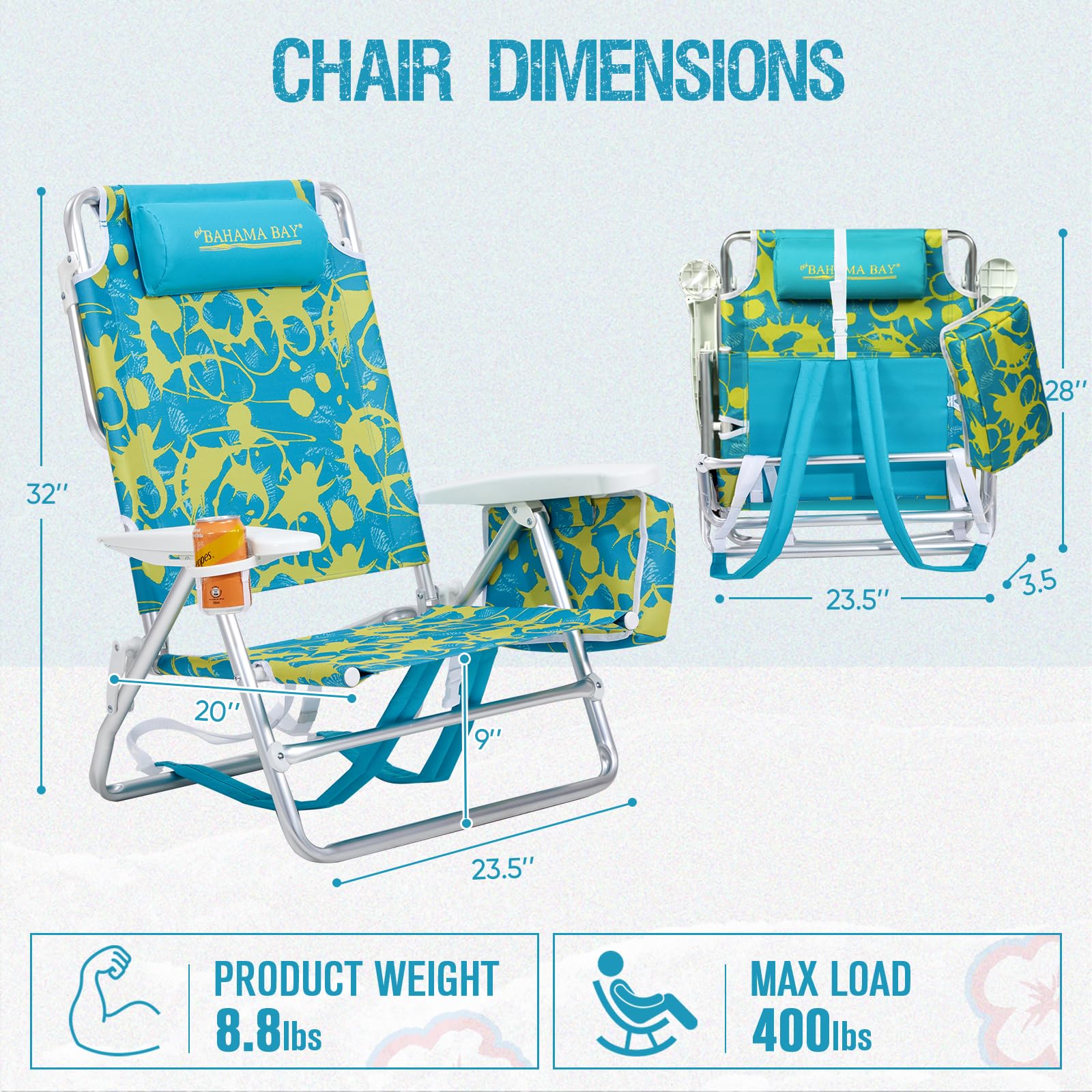 Old Bahama Bay chair shows folding towel bar and hidden cup holder for beach convenience
