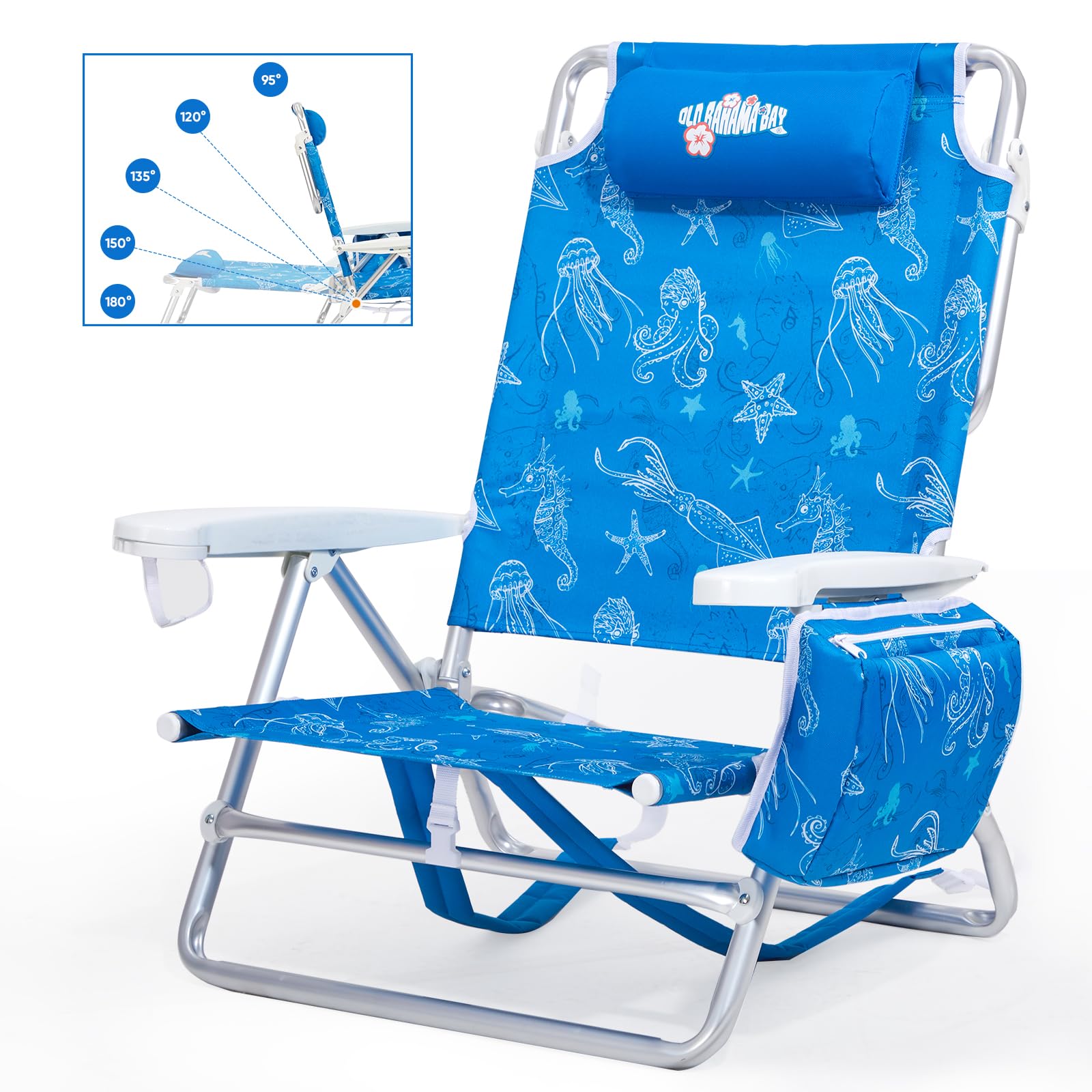 Old Bahama Bay backpack beach chair front view with aluminum frame for easy sunbathing.