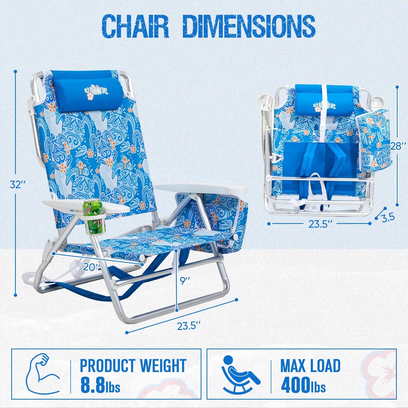 Old Bahama Bay Backpack Beach Chair lightweight aluminum frame supports easy carrying.