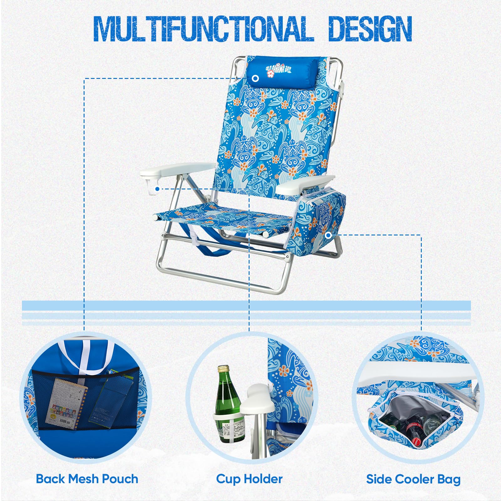 Old Bahama Bay chair wide seat supports relaxed lounging on sand.