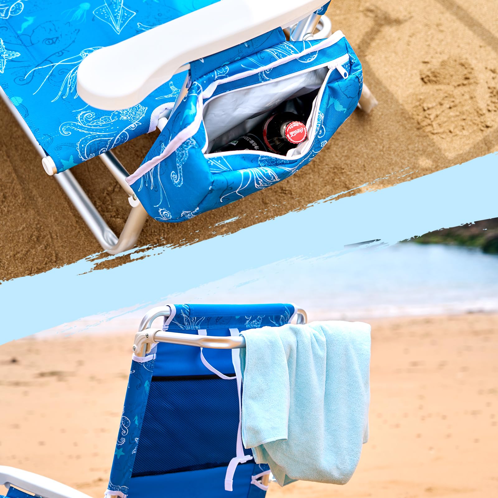 Mesh storage pouch keeps essentials within reach.