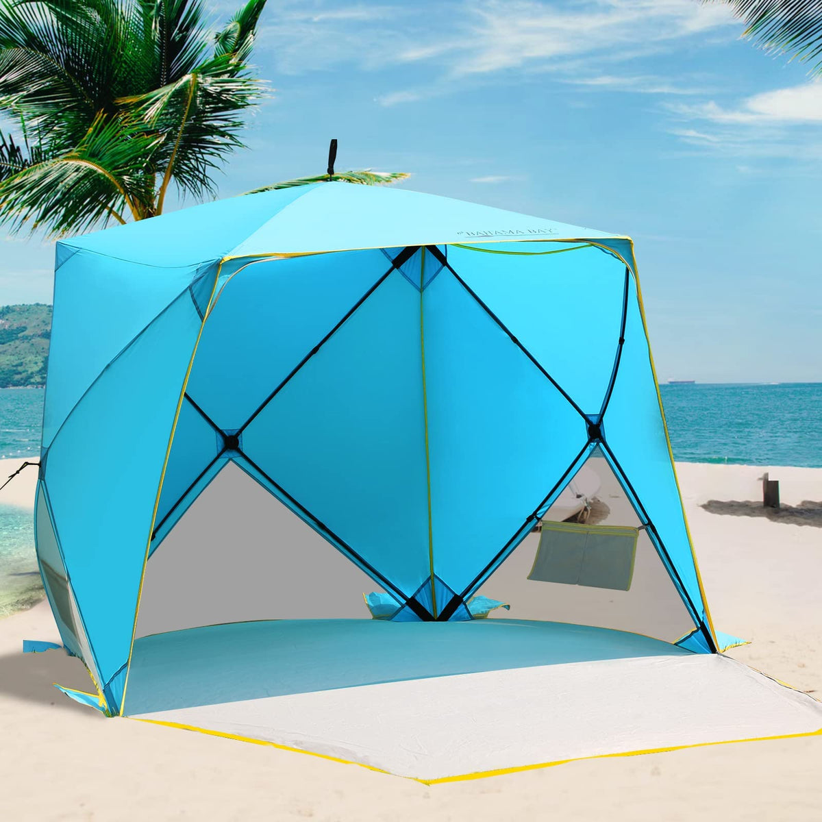 Old Bahama Bay pop up beach tent blue closed for quick shade