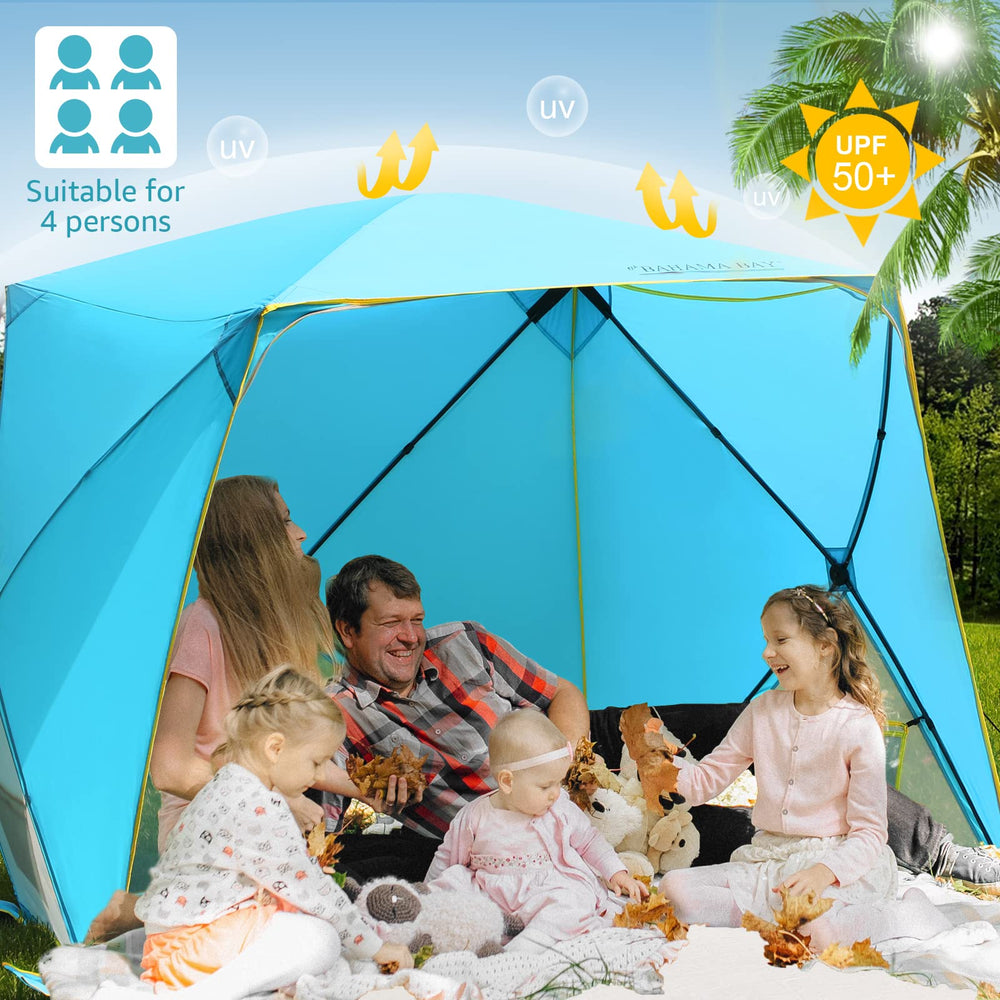 Old Bahama Bay pop up beach tent blue open setup showing easy setup