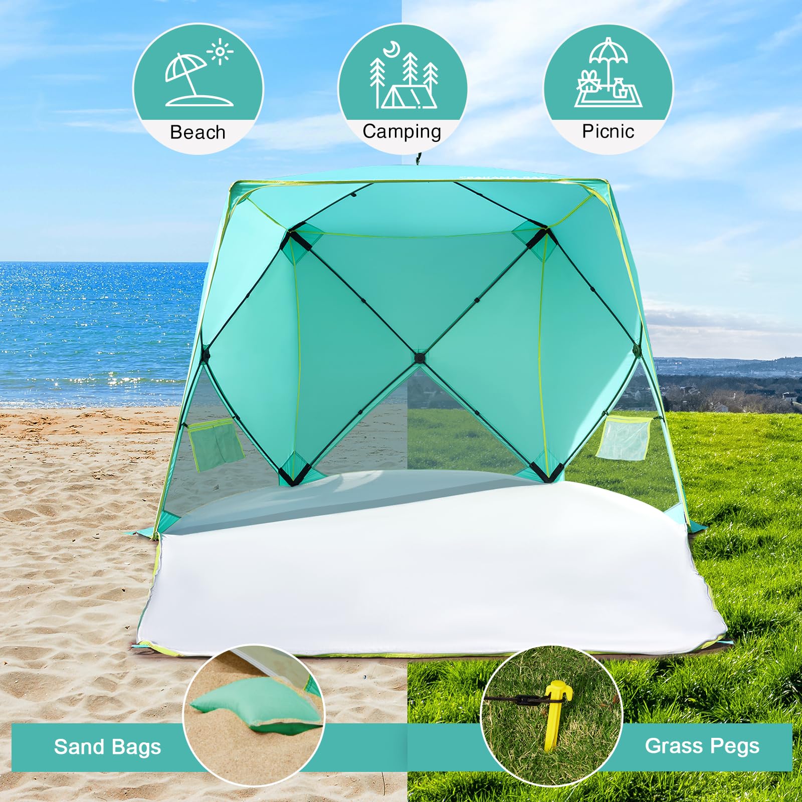 Old Bahama Bay pop-up beach tent packs into a portable carrying bag.