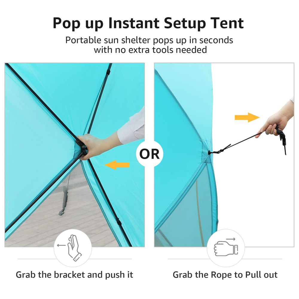 Old Bahama Bay pop up beach tent silver-coated fabric blocks sun and cools interior