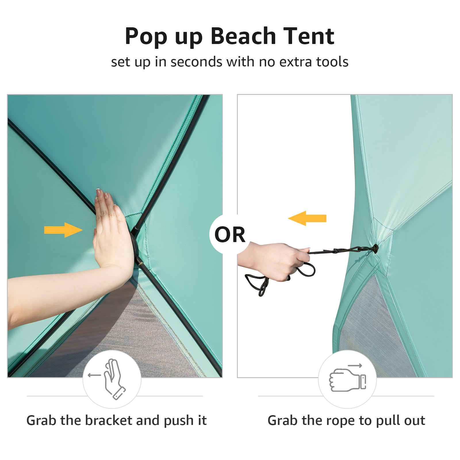 Old Bahama Bay pop-up beach tent sturdy stakes and sandbags for wind resistance.
