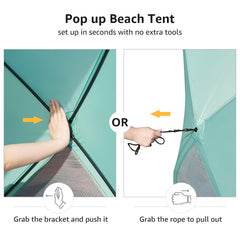 Old Bahama Bay pop-up beach tent sturdy stakes and sandbags for wind resistance.