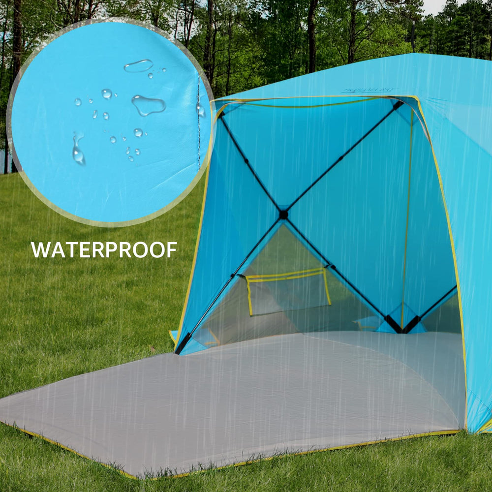 Old Bahama Bay pop up beach tent wind-stakes and sandbags stabilize shelter