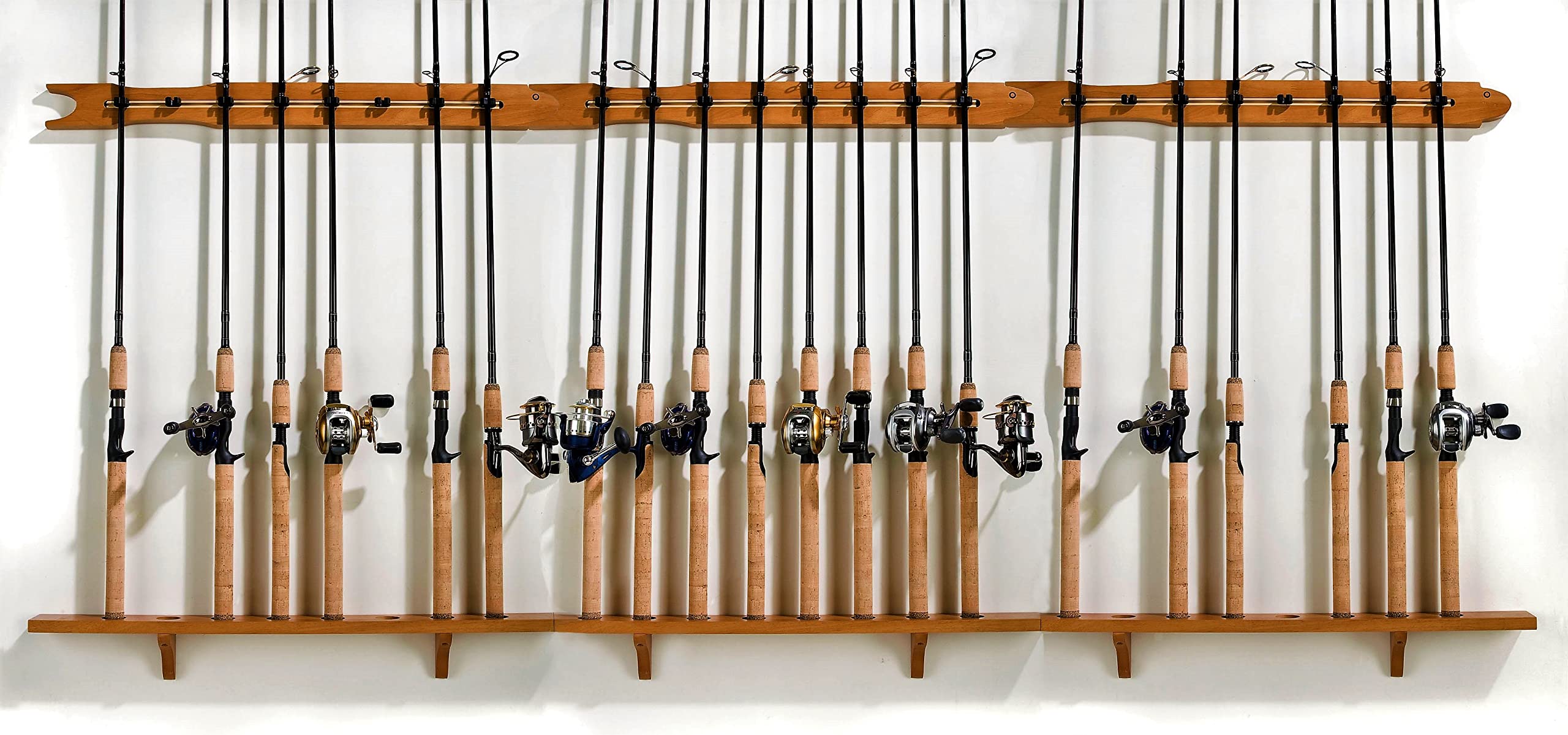 Old Cedar Outfitters rack shows eight-rod capacity for organized storage.