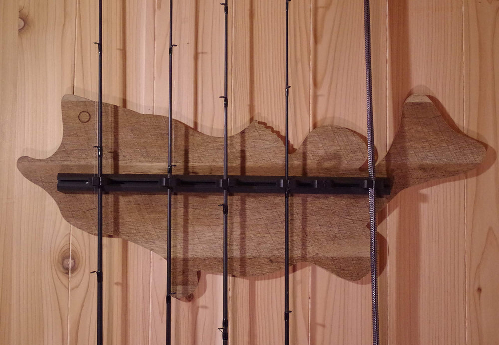Old Cedar Outfitters fish wall rack lower-dimensions reflect compact footprint for space-saving storage