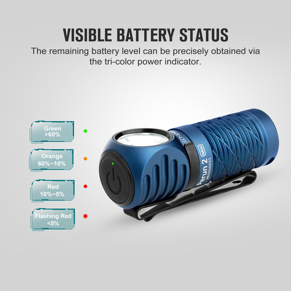 OLIGHT Perun 2 Mini battery indicator shows remaining power clearly.