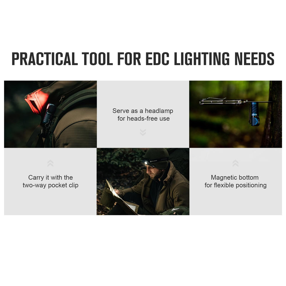 OLIGHT Perun 2 Mini pocket clip on a backpack.
