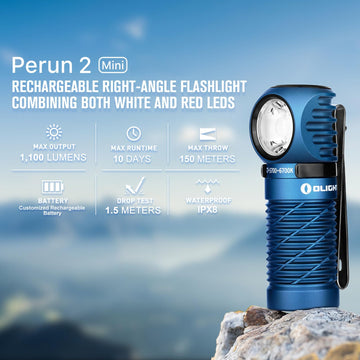 OLIGHT Perun 2 Mini side view highlights lightweight headband for long wear.