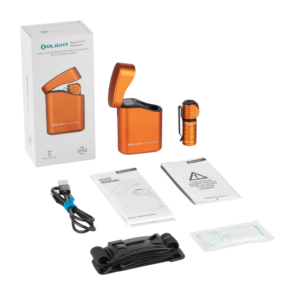 OLIGHT Perun 3 Mini packaging-orange indicates compact kit for travelers