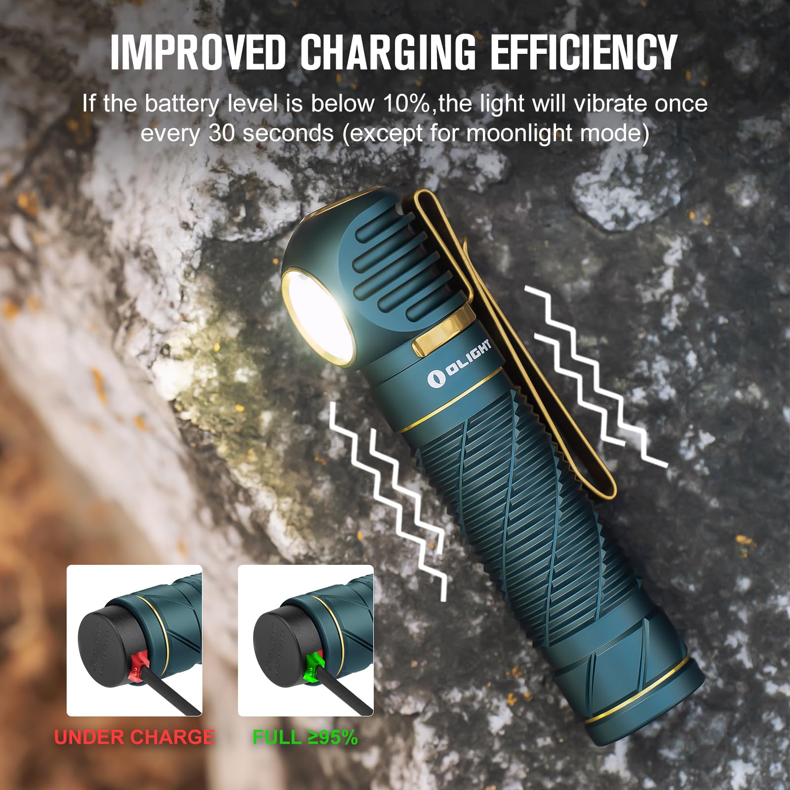 OLIGHT Perun 2 charging cable demonstrates fast MCC3 charging for longer sessions.