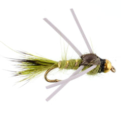Olive hare's ear nymph with gold ribbing and rubber legs