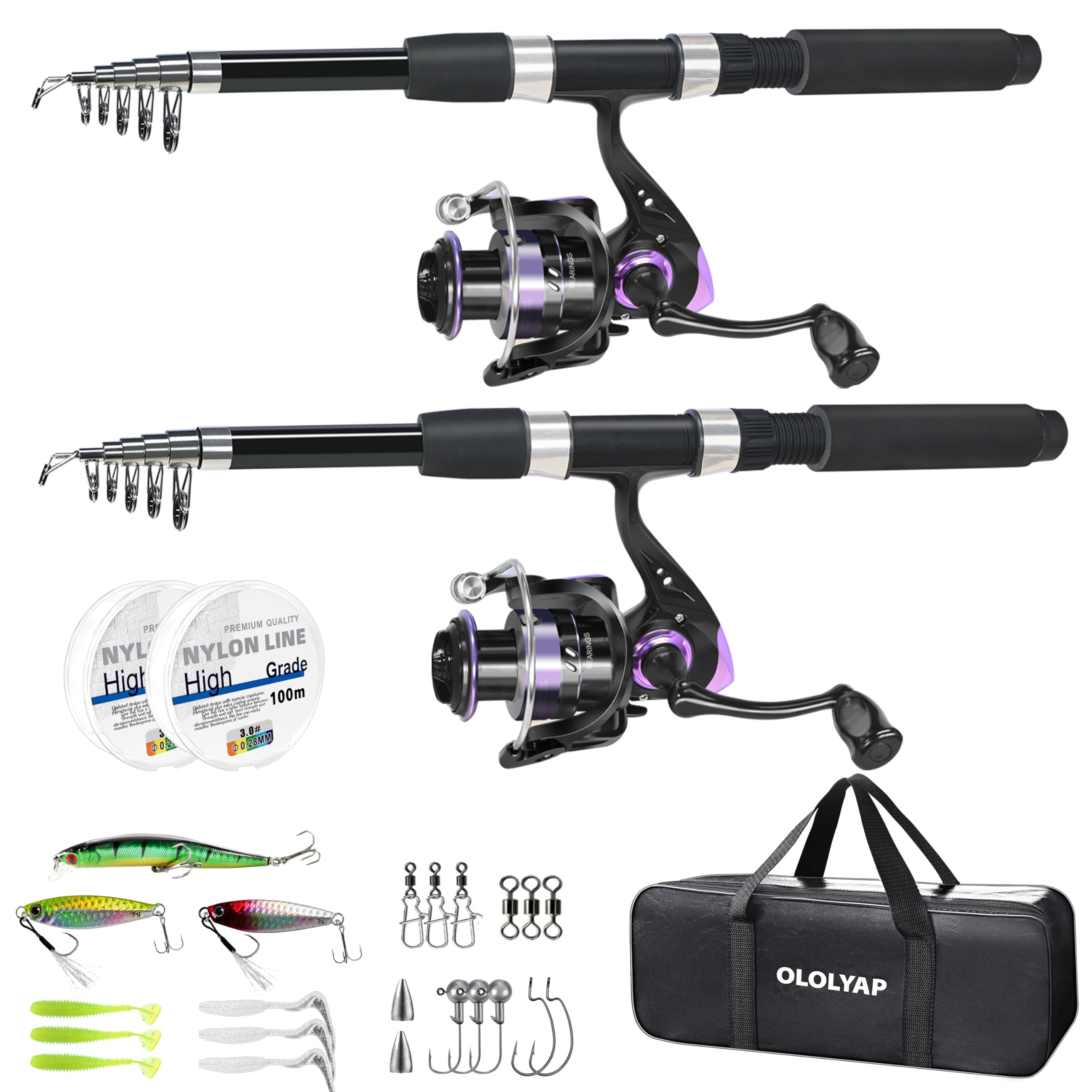 OLOLYAP Fishing Pole Combo 2PCS front view with telescopic rods and aluminum reels