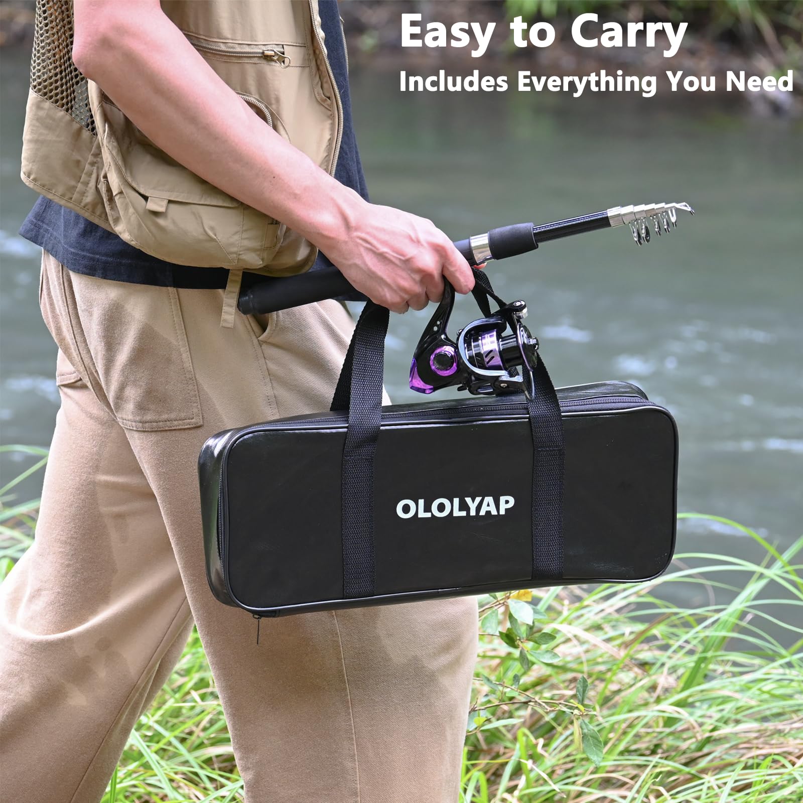 All components of the OLOLYAP fishing pole combo packed and ready for fishing