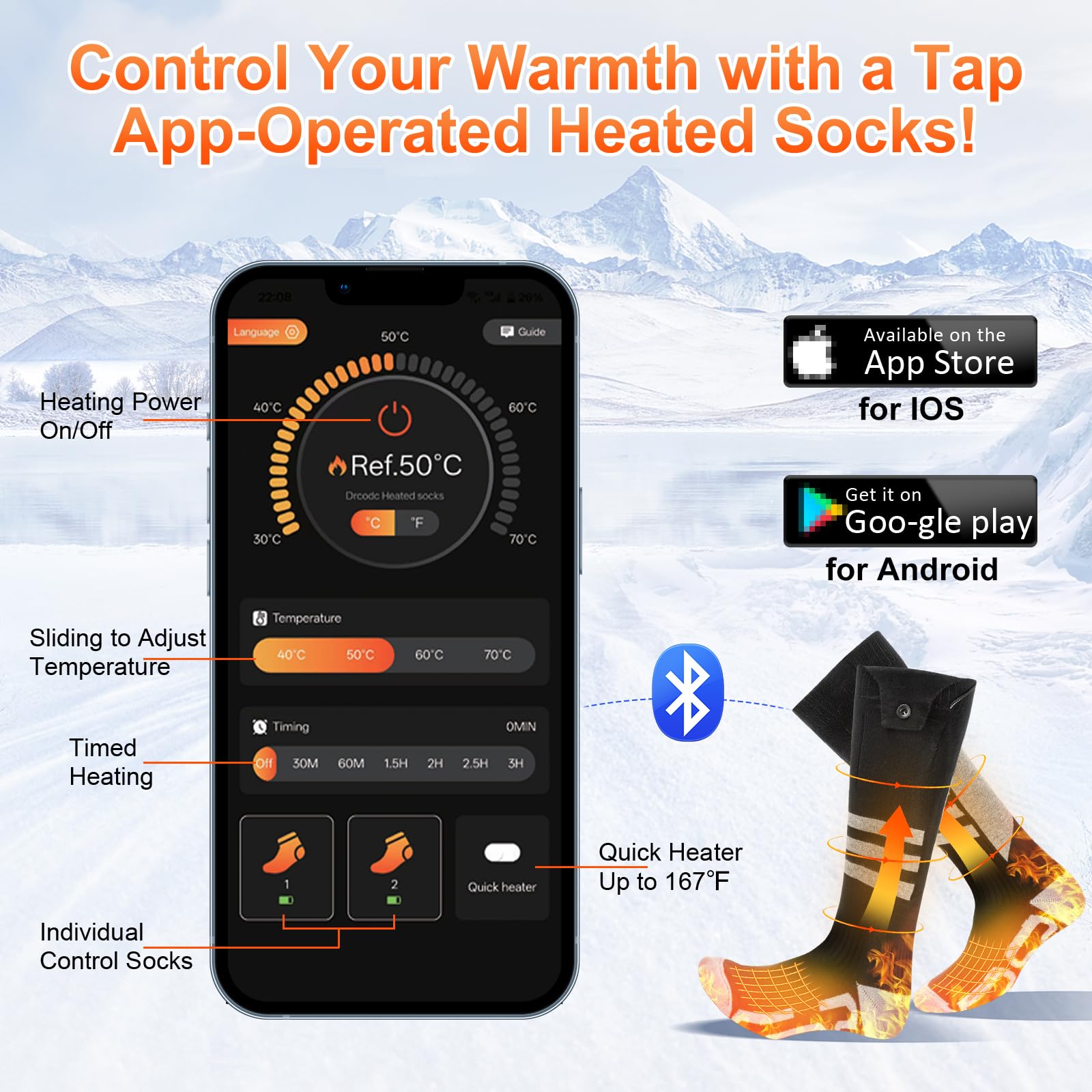 Olycism heated socks demonstrating four temperature settings for customizable warmth.