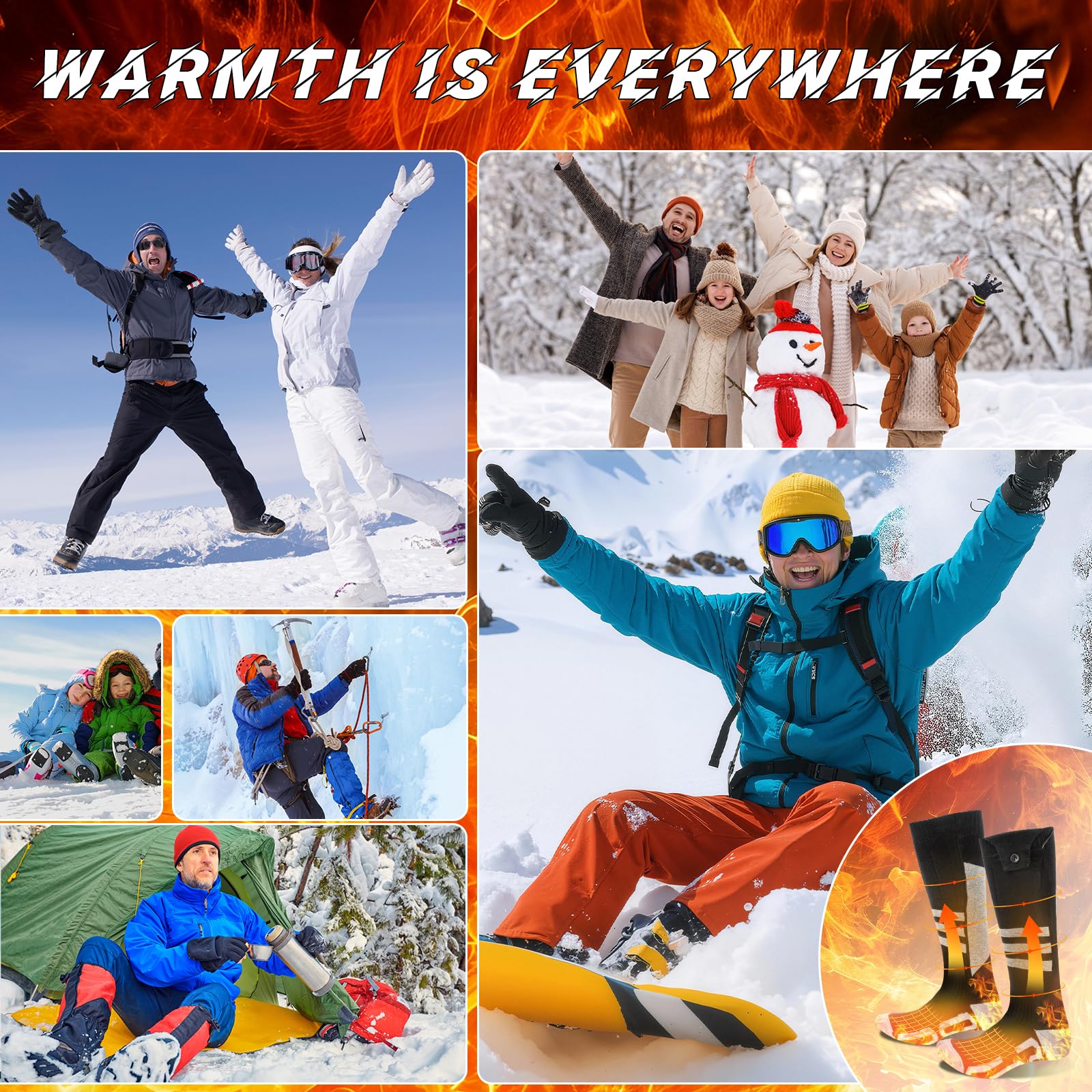 Olycism heated socks worn during outdoor activities like hiking or skiing.