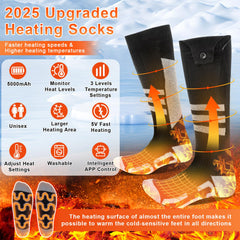Olycism heated socks showing two 5000mAh batteries for long-lasting heat.