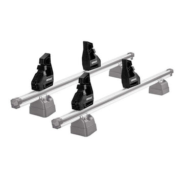OMAC Load Stopper on a roof rack cross bar keeps cargo secure during travel.