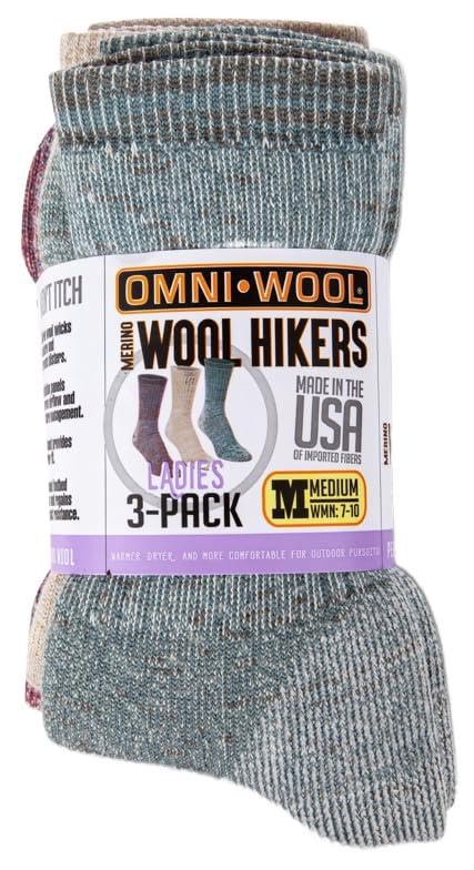 Omni-Wool Merino Hiker Ladies 3-Pack shown on foot with moisture-wicking comfort.
