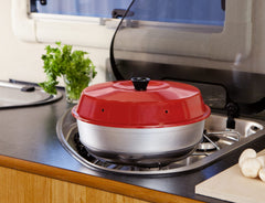 Omnia Oven lid shows steam vents that help breads stay crisp