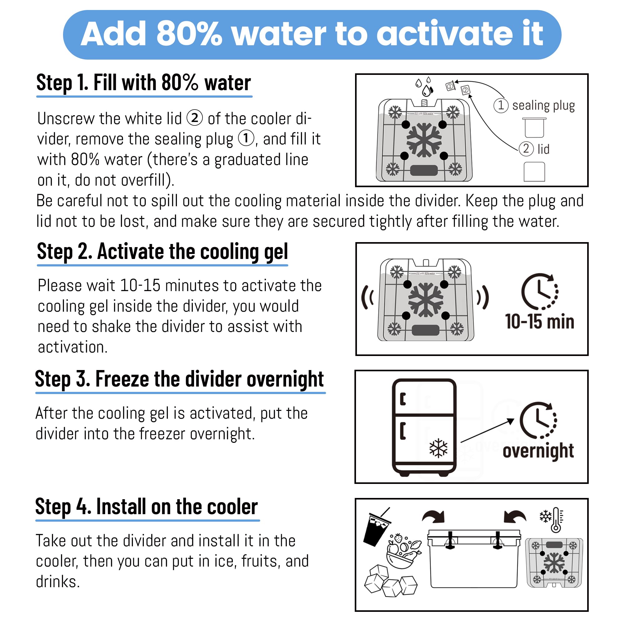 Omoojee 52QT ice pack divider activation process after water addition