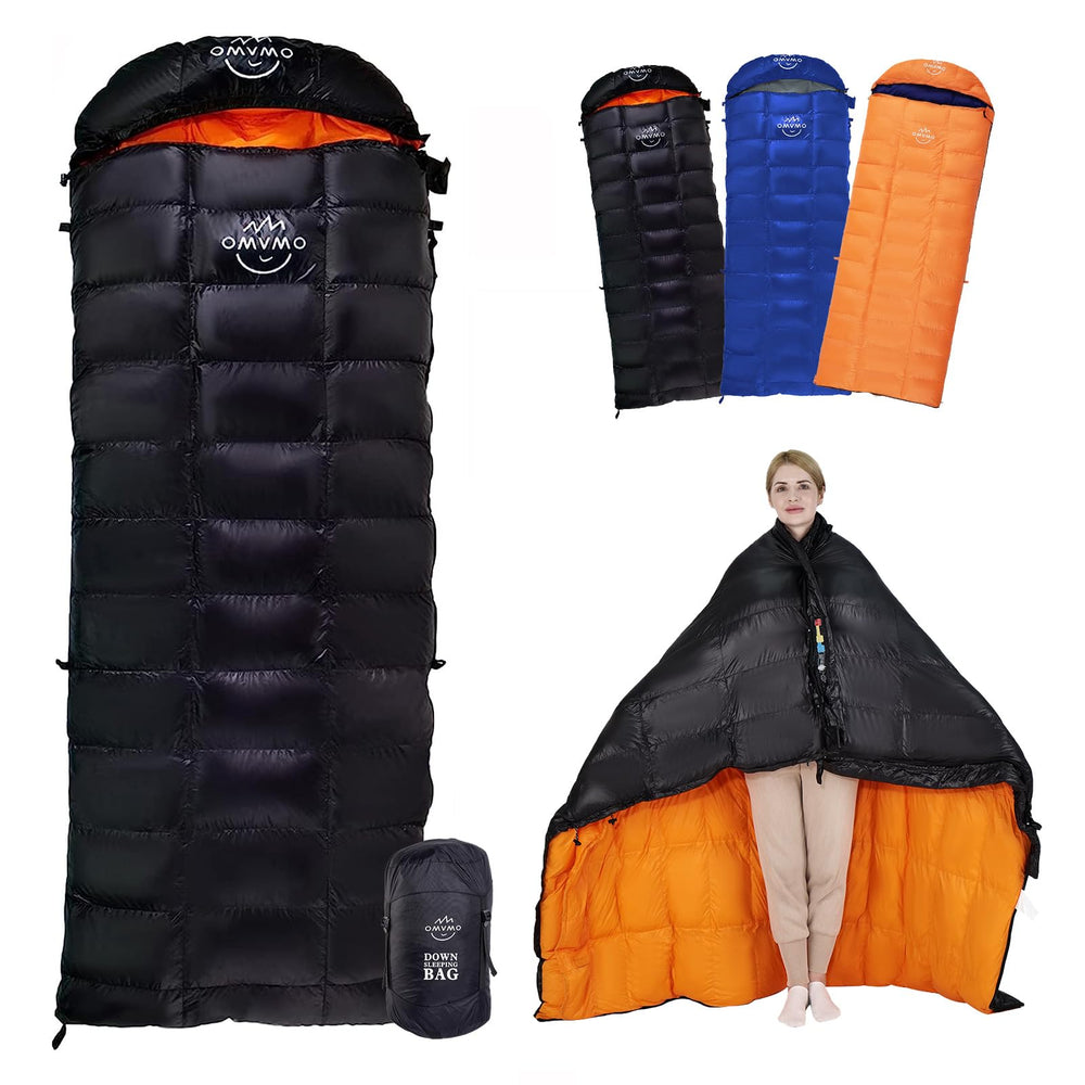 OMVMO 10deg down bag front view showing warm, compact design for camping.