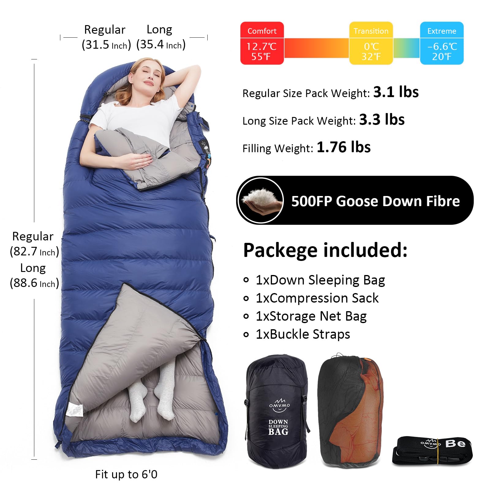 OMVMO 20 Degrees Down Sleeping Bag worn as cloak for versatile warmth