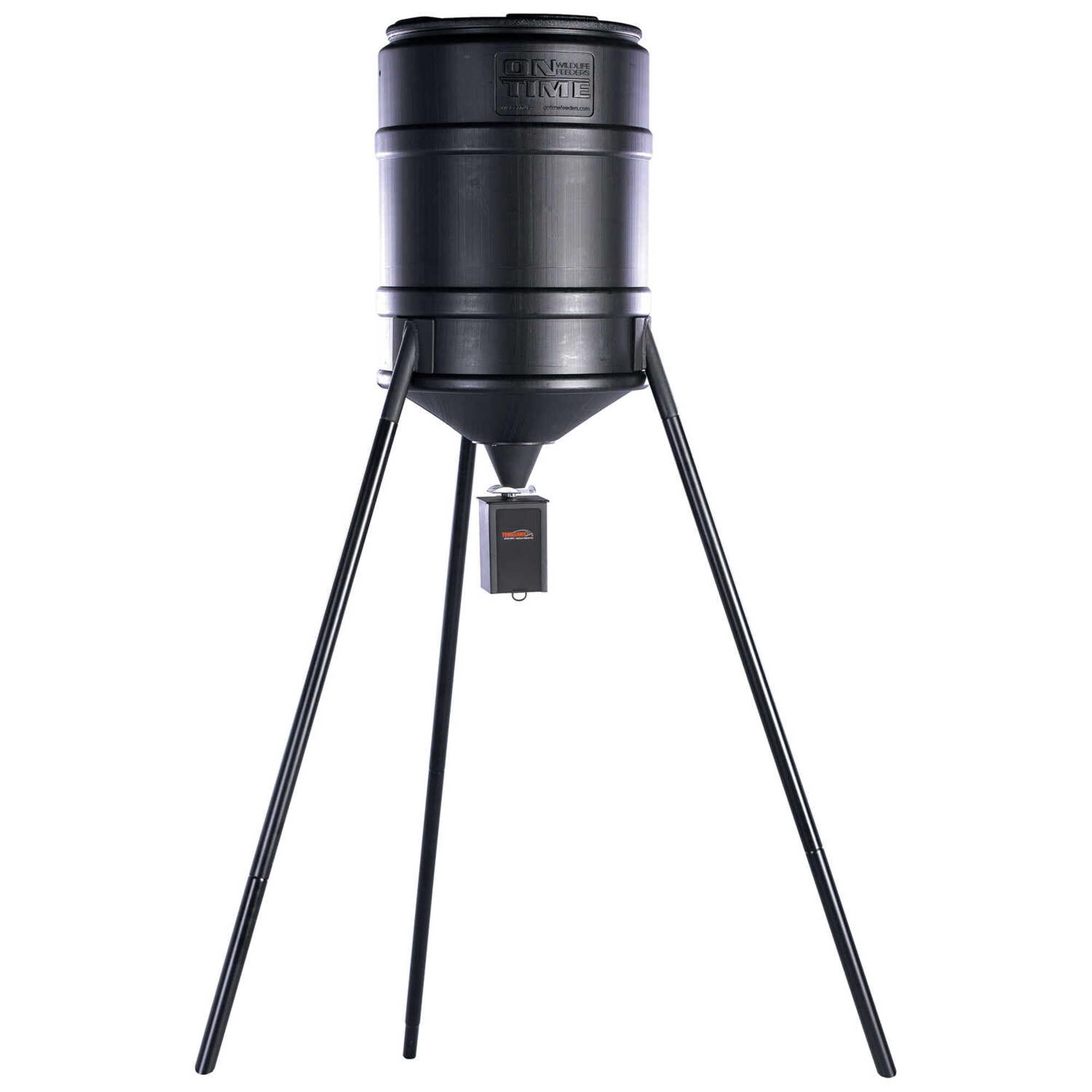 On Time Tomahawk VL Feeder on a sturdy tripod, 25-gallon capacity for outdoor use.