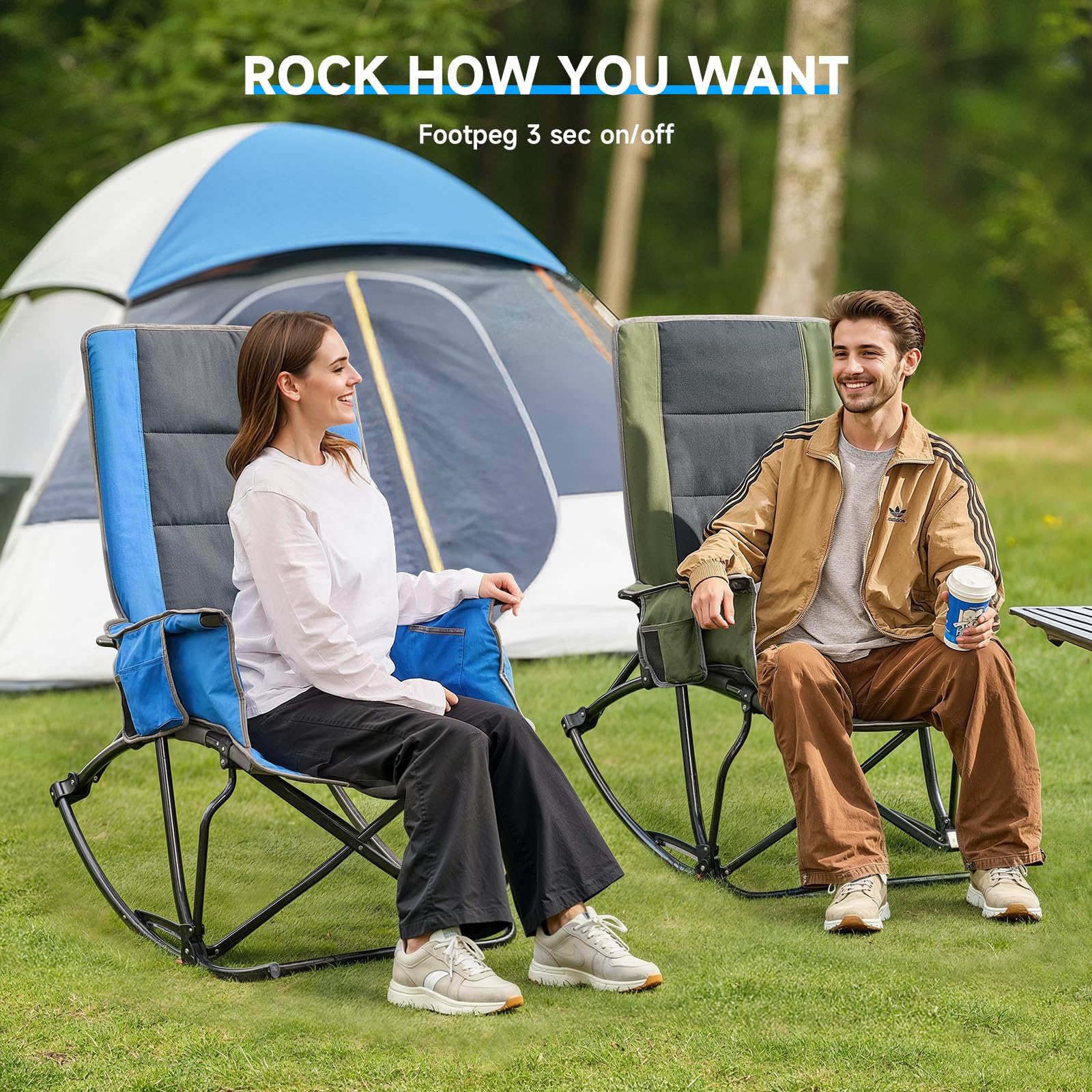 ONBRILL oversize rocking chair blue-grey cup holder in use outdoors