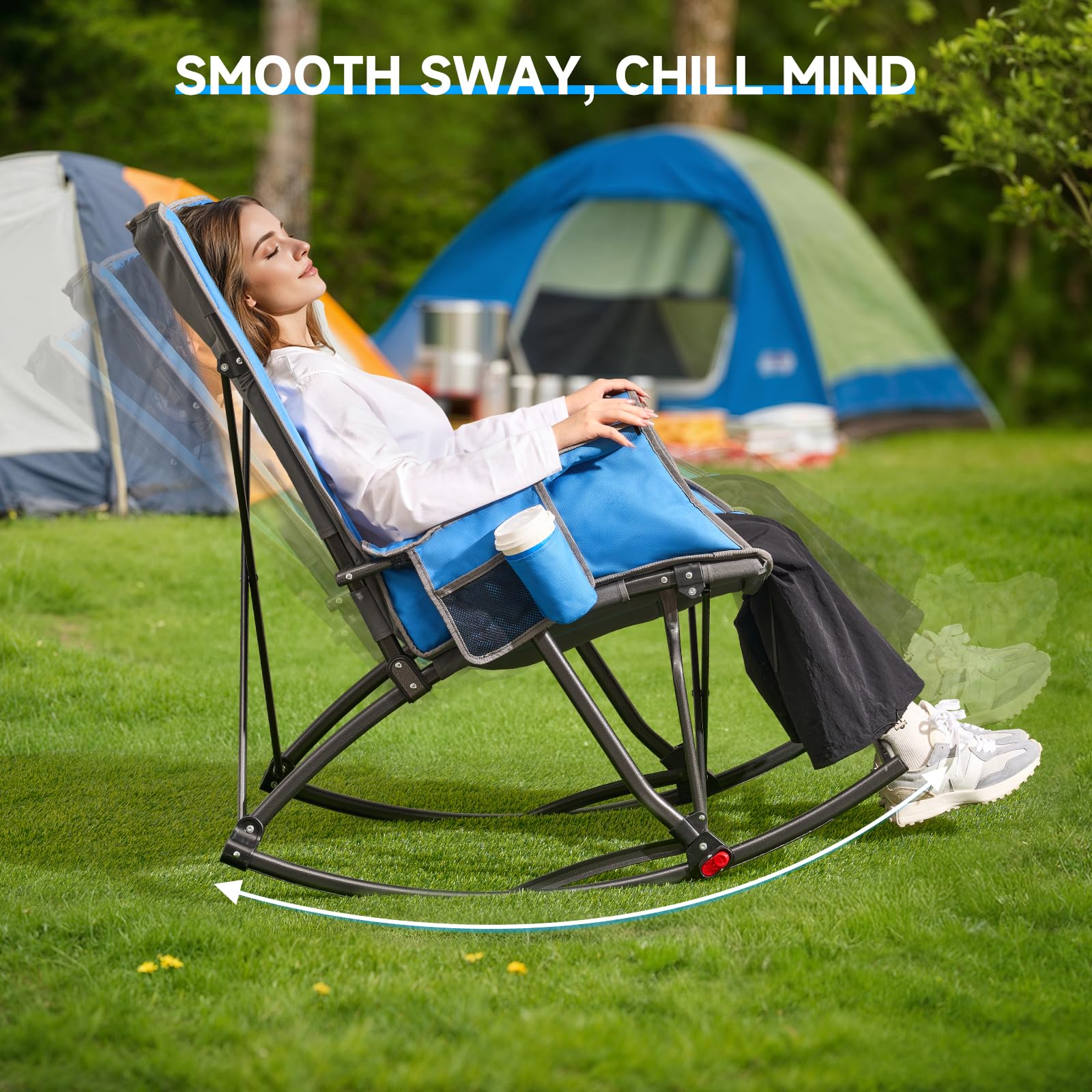 ONBRILL oversize rocking chair blue-grey storage pocket and cup holder